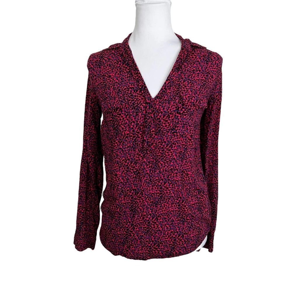 splendid Blouse Long Sleeve Top Red Blue 100% Rayon Size Small